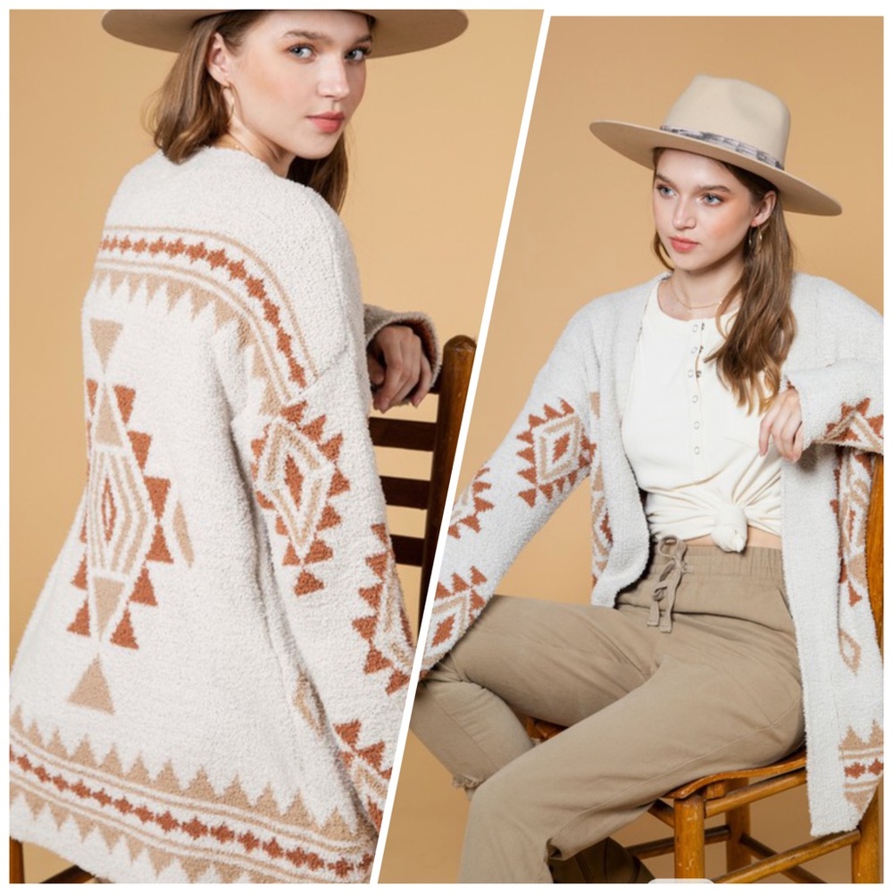 Cream Aztec Print Plush Cardigan
